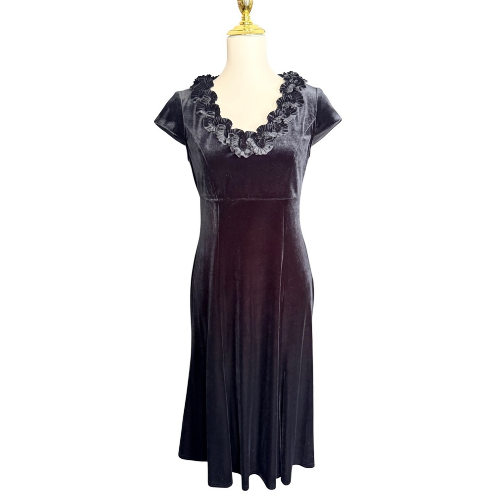 K Studio Collection Black Velvet Ruffle Empire Waist Midi Dress‎ Size 6 Vintage
